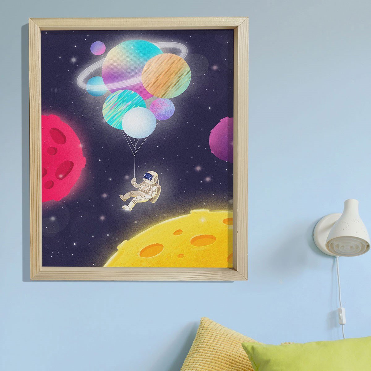 Doğal Çam Çerçeveli Bebek ve Çocuk Odası Duvar Tablosu Astronot Rüyası