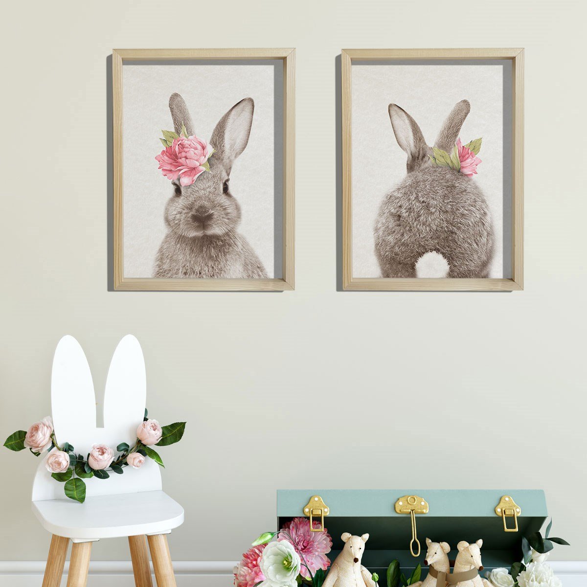 Doğal Çam Çerçeveli Bebek ve Çocuk Odası Duvar Tablosu Turuncu Çiçekli Tavşan