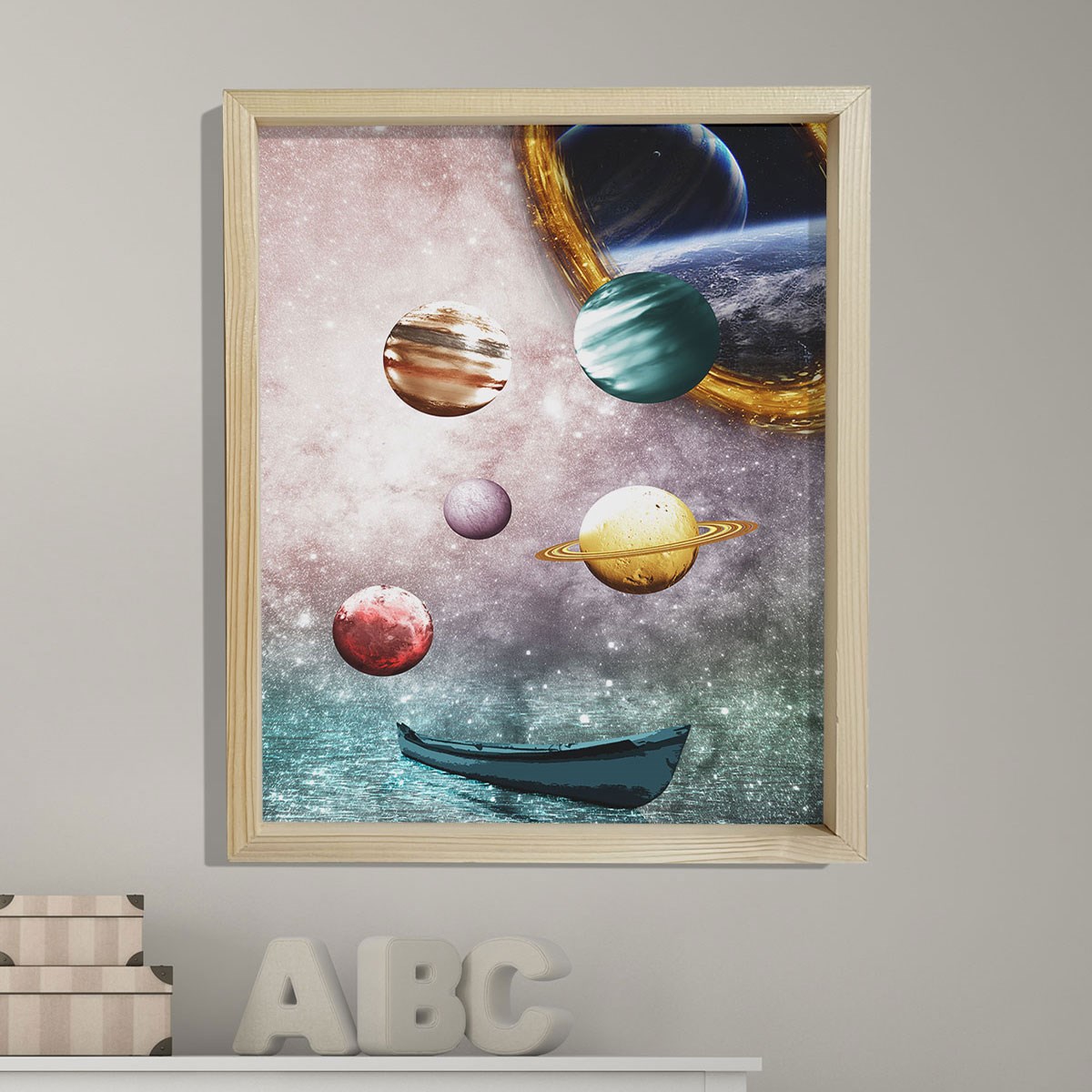 Doğal Çam Çerçeveli Bebek ve Çocuk Odası Duvar Tablosu Uzay Rüyası