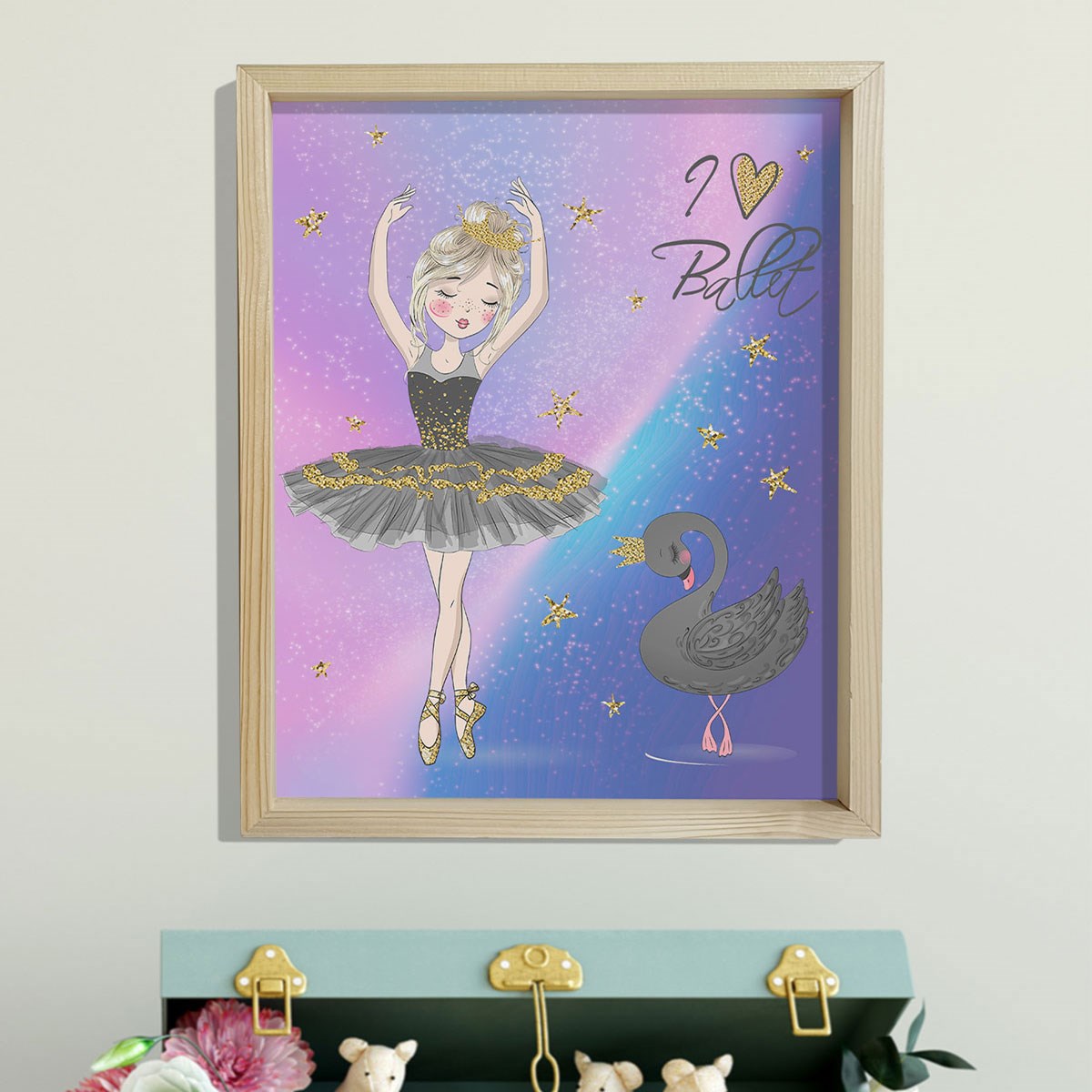 Doğal Çam Çerçeveli Bebek ve Çocuk Odası Duvar Tablosu Gökkuşağı Kuğu ve Balerin