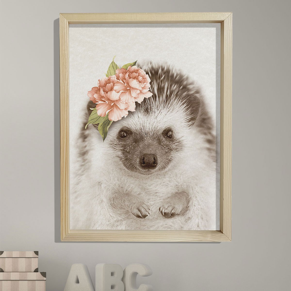 Doğal Çam Çerçeveli Bebek ve Çocuk Odası Duvar Tablosu Turuncu Çiçekli Kirpi