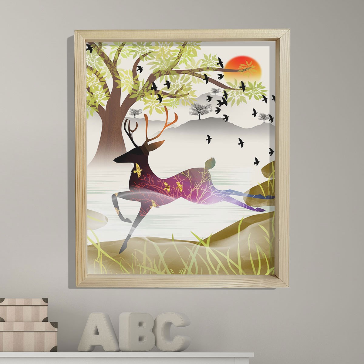 Doğal Çam Çerçeveli Bebek ve Çocuk Odası Duvar Tablosu Geyik