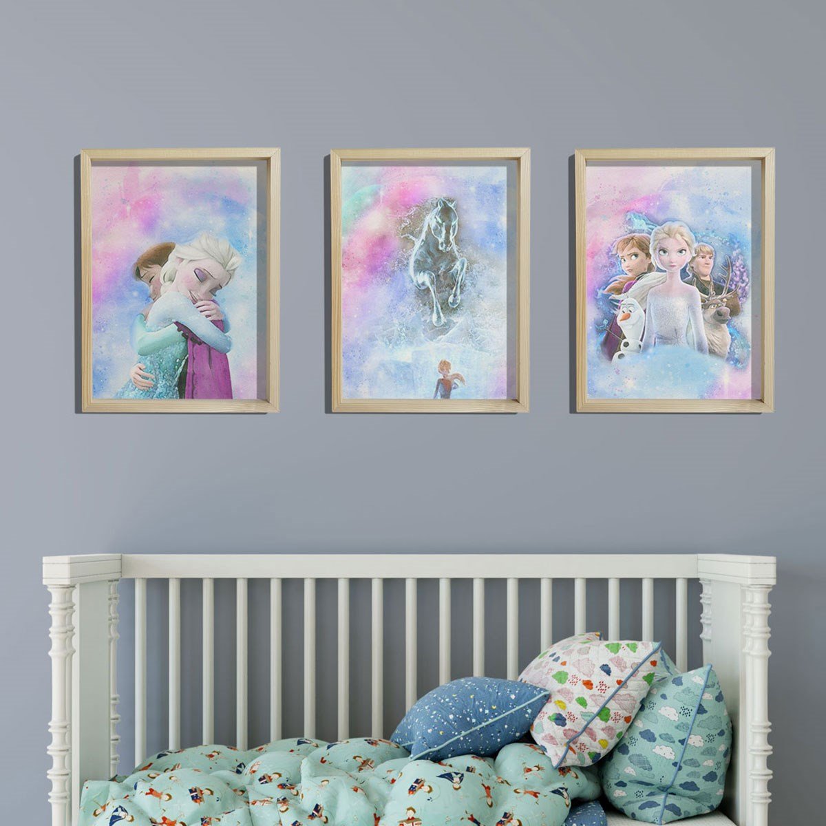 Doğal Çam Çerçeveli Bebek ve Çocuk Odası Duvar Tablosu Frozen Set - 1