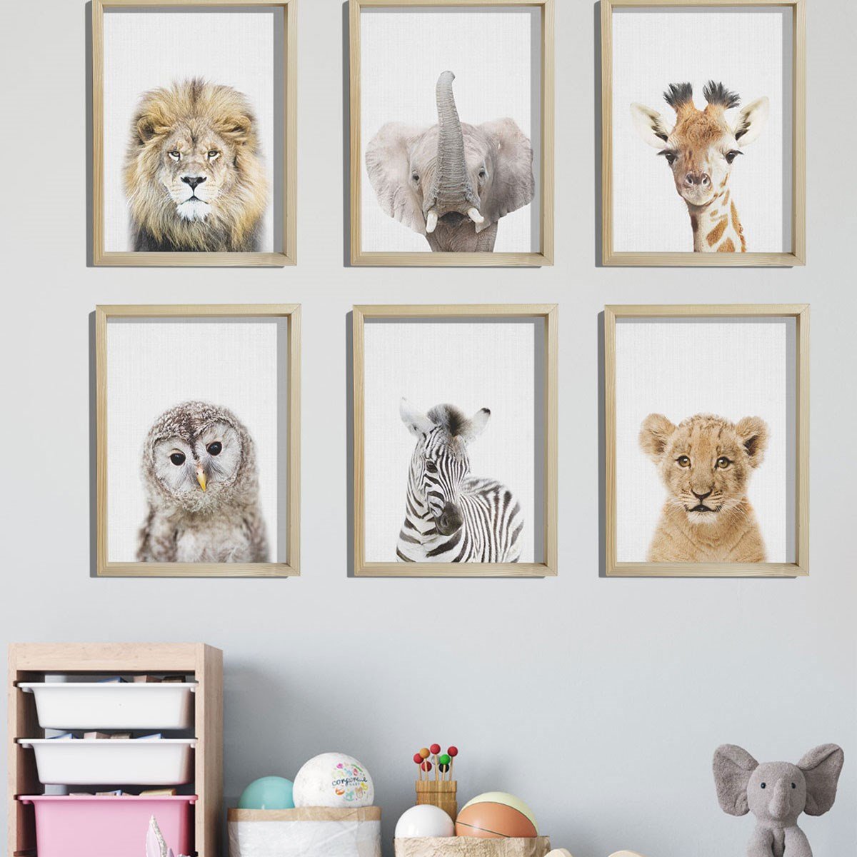 Doğal Çam Çerçeveli Bebek ve Çocuk Odası Duvar Tablosu Vahşi Orman Hayvanları