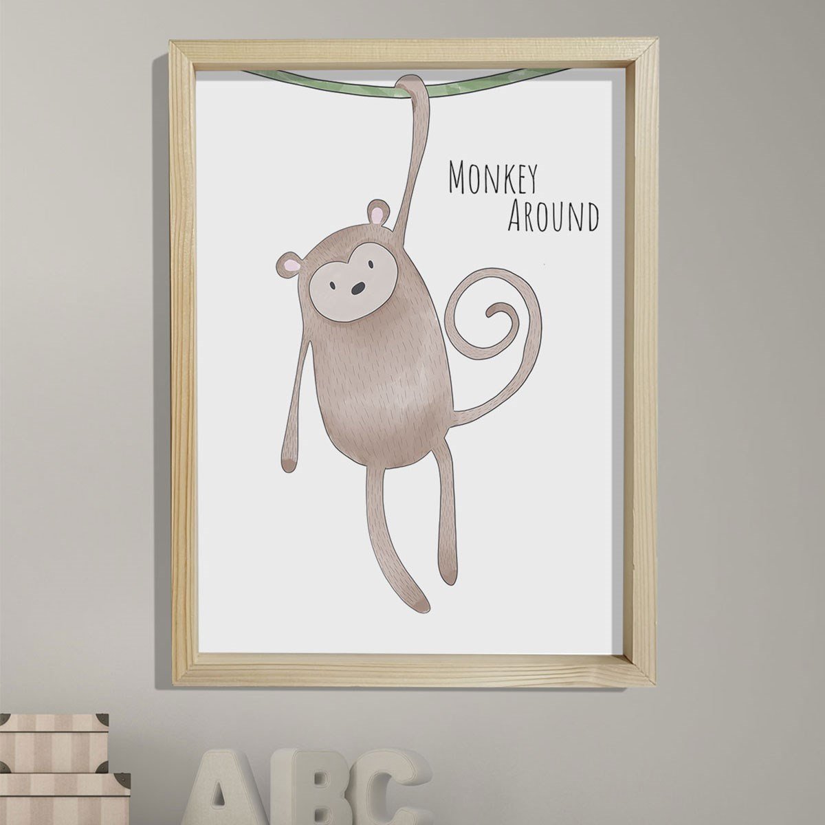 Doğal Çam Çerçeveli Bebek ve Çocuk Odası Duvar Tablosu Etrafta Maymun Var