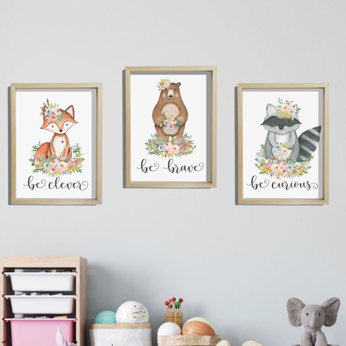 Doğal Çam Çerçeveli Bebek ve Çocuk Odası Duvar Tablosu Sevimli Hayvanlar