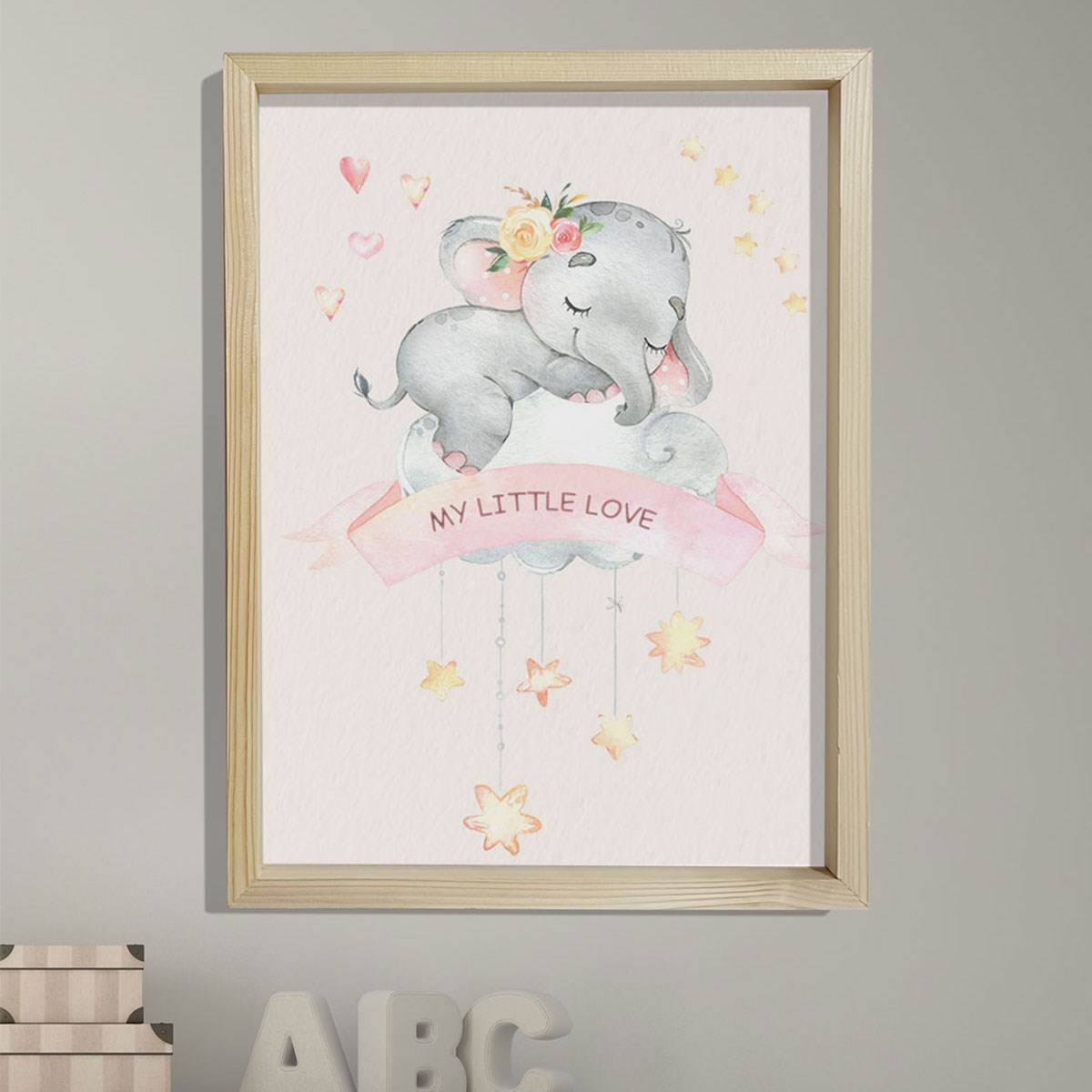 Doğal Çam Çerçeveli Bebek ve Çocuk Odası Duvar Tablosu Tatlı Rüyalar Şirin Fil