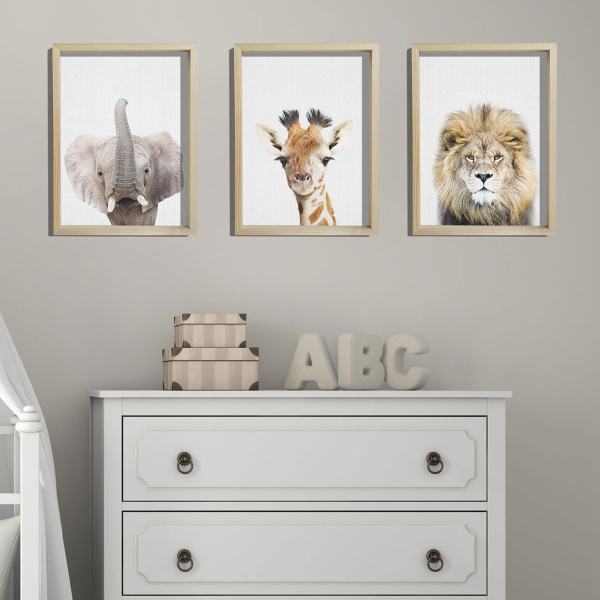 Doğal Çam Çerçeveli Bebek ve Çocuk Odası Duvar Tablosu Fil - Zürafa - Aslan