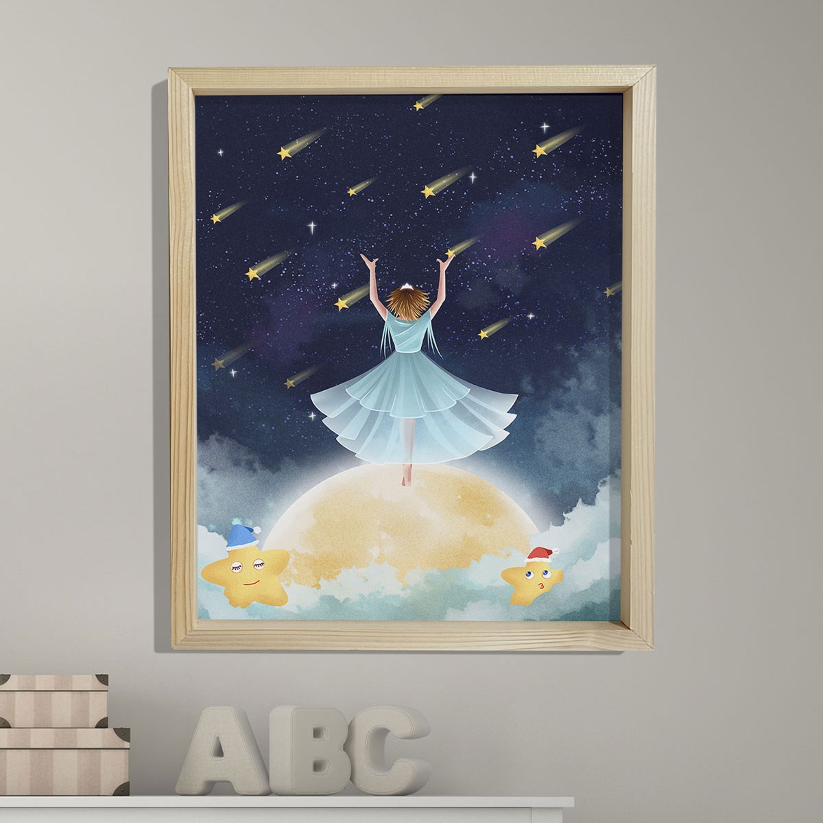 Doğal Çam Çerçeveli Bebek ve Çocuk Odası Duvar Tablosu Yıldız Rüyası