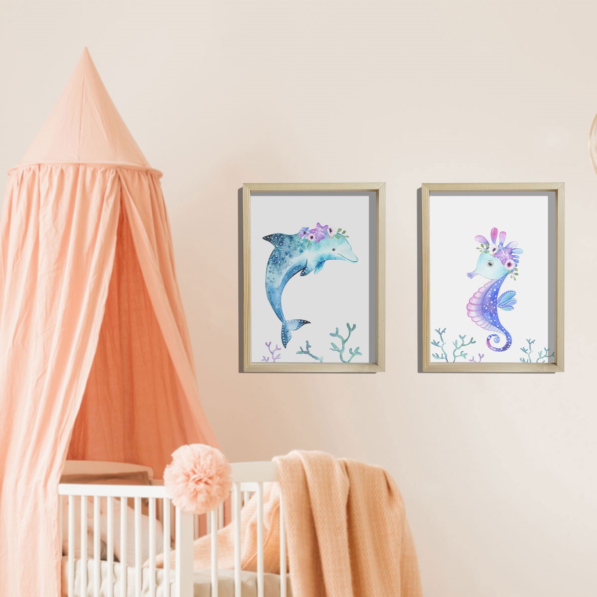 Doğal Çam Çerçeveli Bebek ve Çocuk Odası Duvar Tablosu Çiçekli Yunus Balığı ve Denizatı