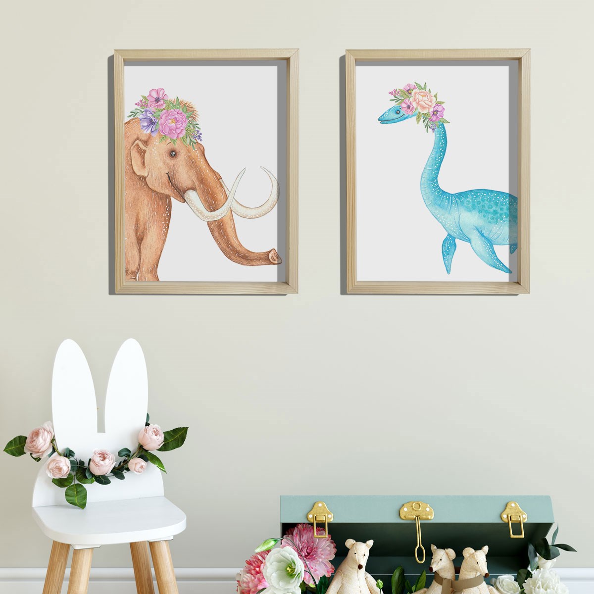 Doğal Çam Çerçeveli Bebek ve Çocuk Odası Duvar Tablosu Sevimli Çiçekli Dinazorlar