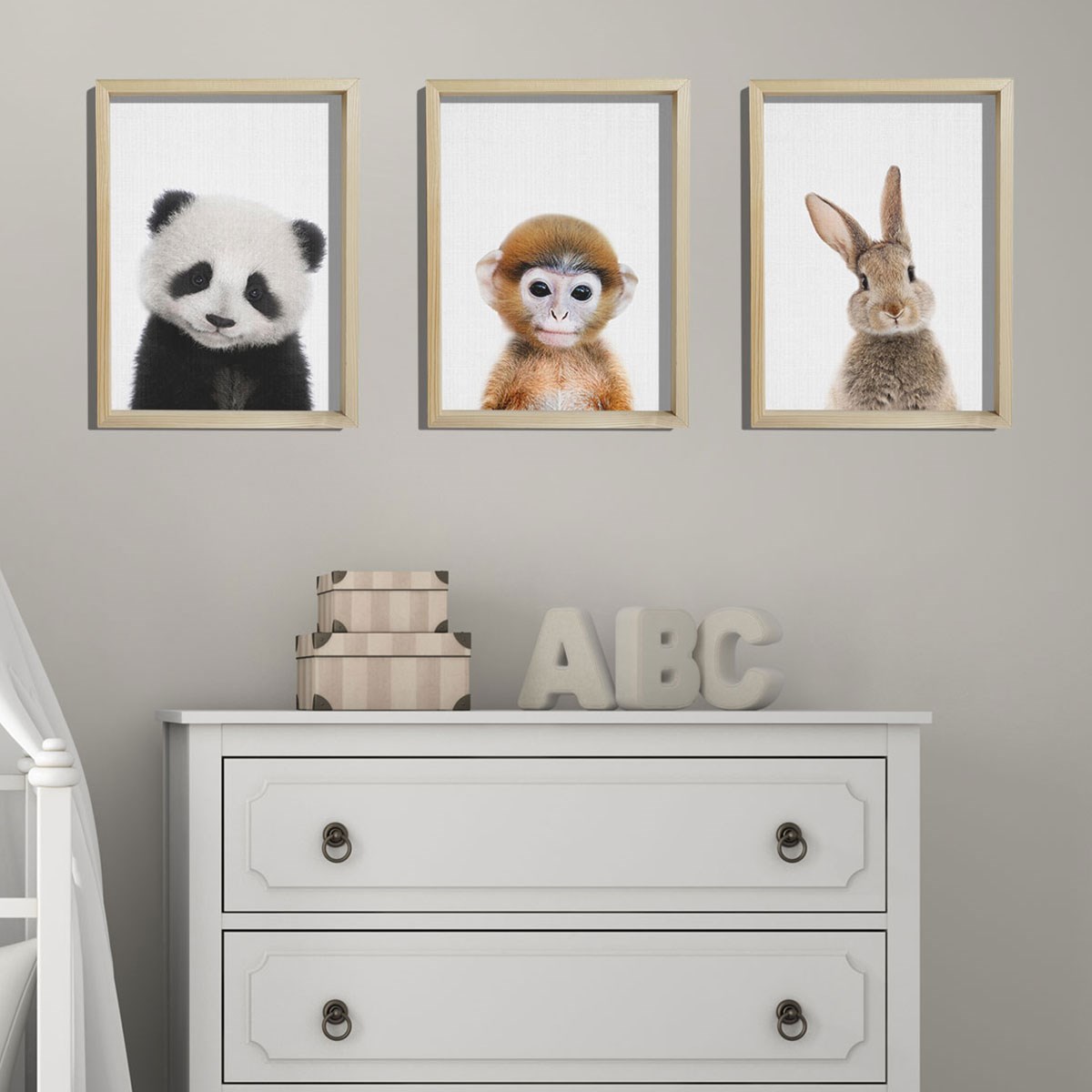 Doğal Çam Çerçeveli Bebek ve Çocuk Odası Duvar Tablosu Panda - Maymun - Tavşan