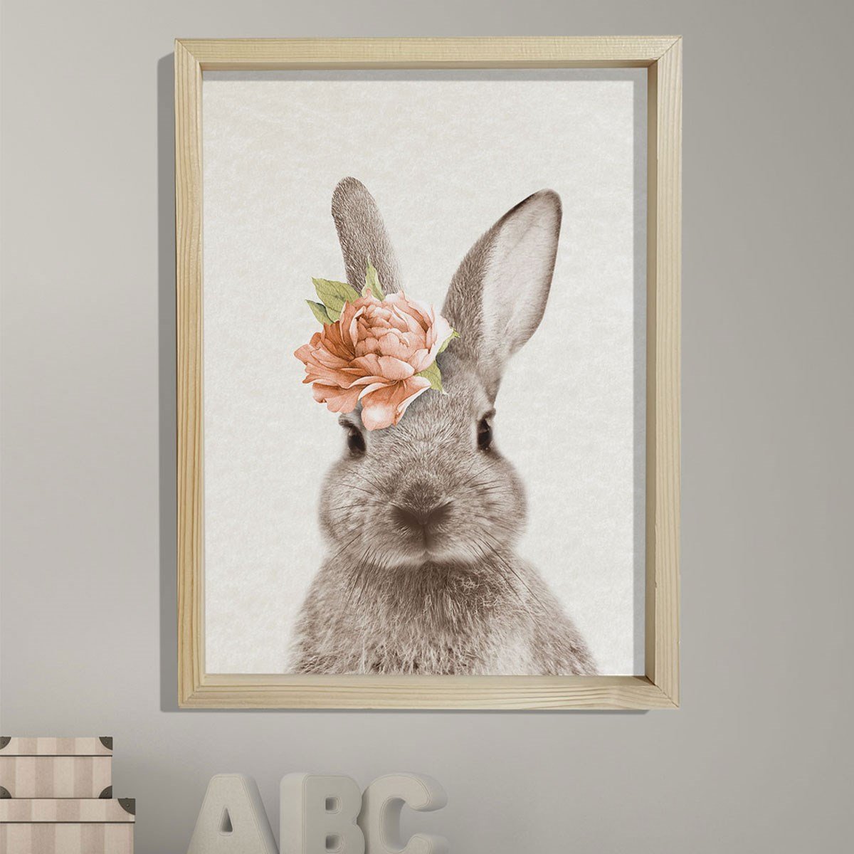 Doğal Çam Çerçeveli Bebek ve Çocuk Odası Duvar Tablosu Turuncu Çiçekli Tavşan