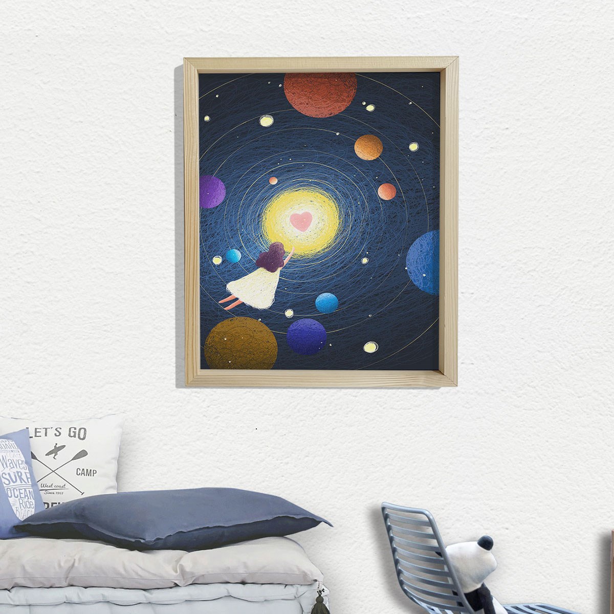 Doğal Çam Çerçeveli Bebek ve Çocuk Odası Duvar Tablosu Uzay Rüyası