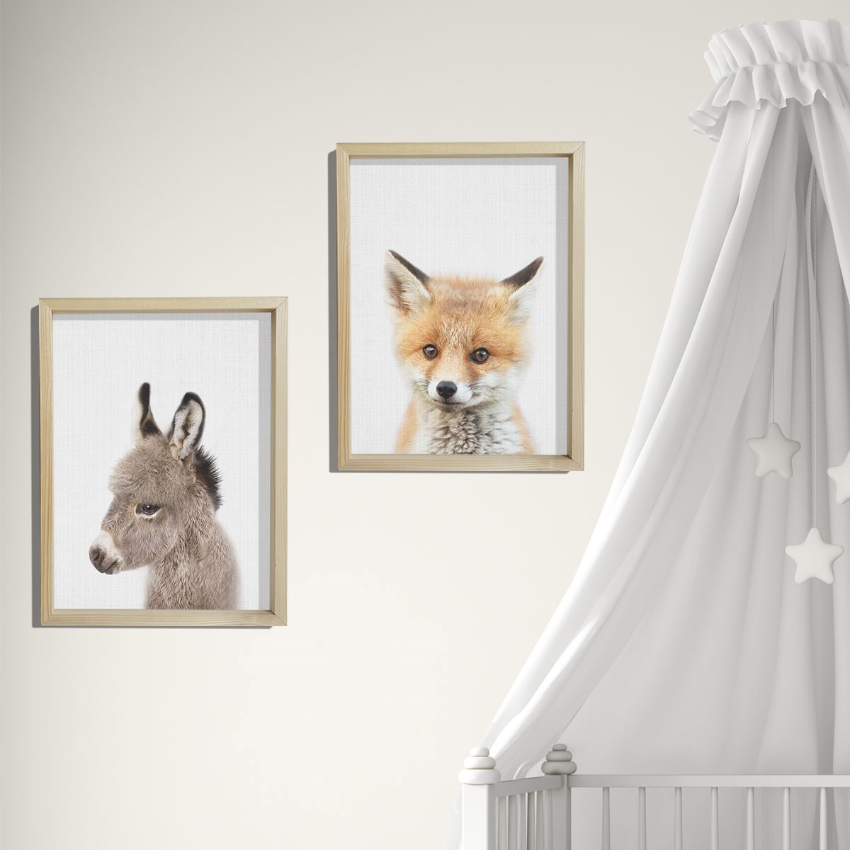 Doğal Çam Çerçeveli Bebek ve Çocuk Odası Duvar Tablosu Eşek ve Tilki