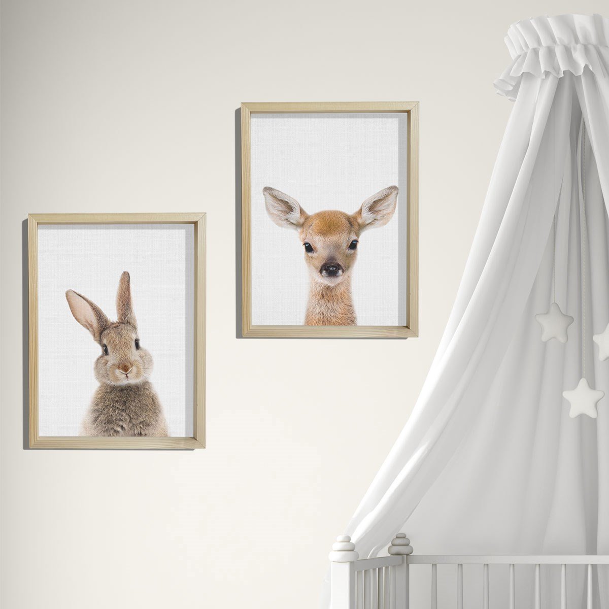 Doğal Çam Çerçeveli Bebek ve Çocuk Odası Duvar Tablosu Tavşan ve Ceylan