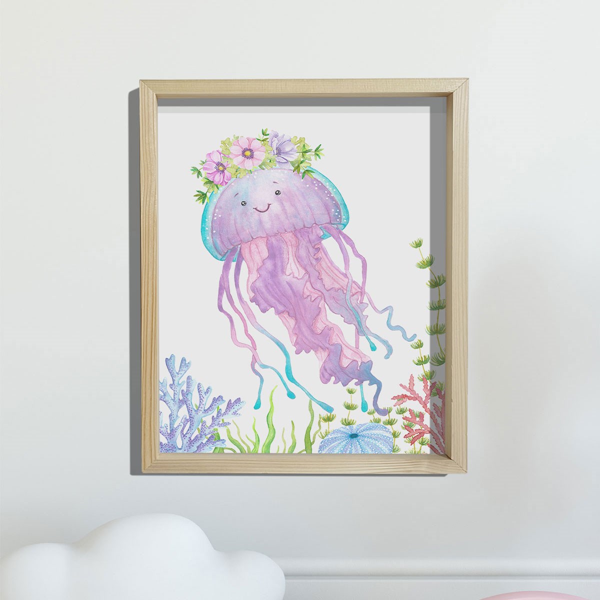 Doğal Çam Çerçeveli Bebek ve Çocuk Odası Duvar Tablosu Çiçekli Denizanası