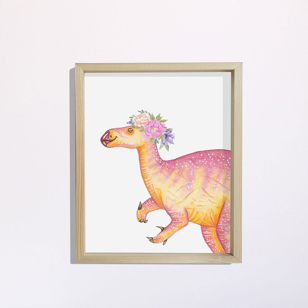 Doğal Çam Çerçeveli Bebek ve Çocuk Odası Duvar Tablosu Çiçekli Şirin Dinazor