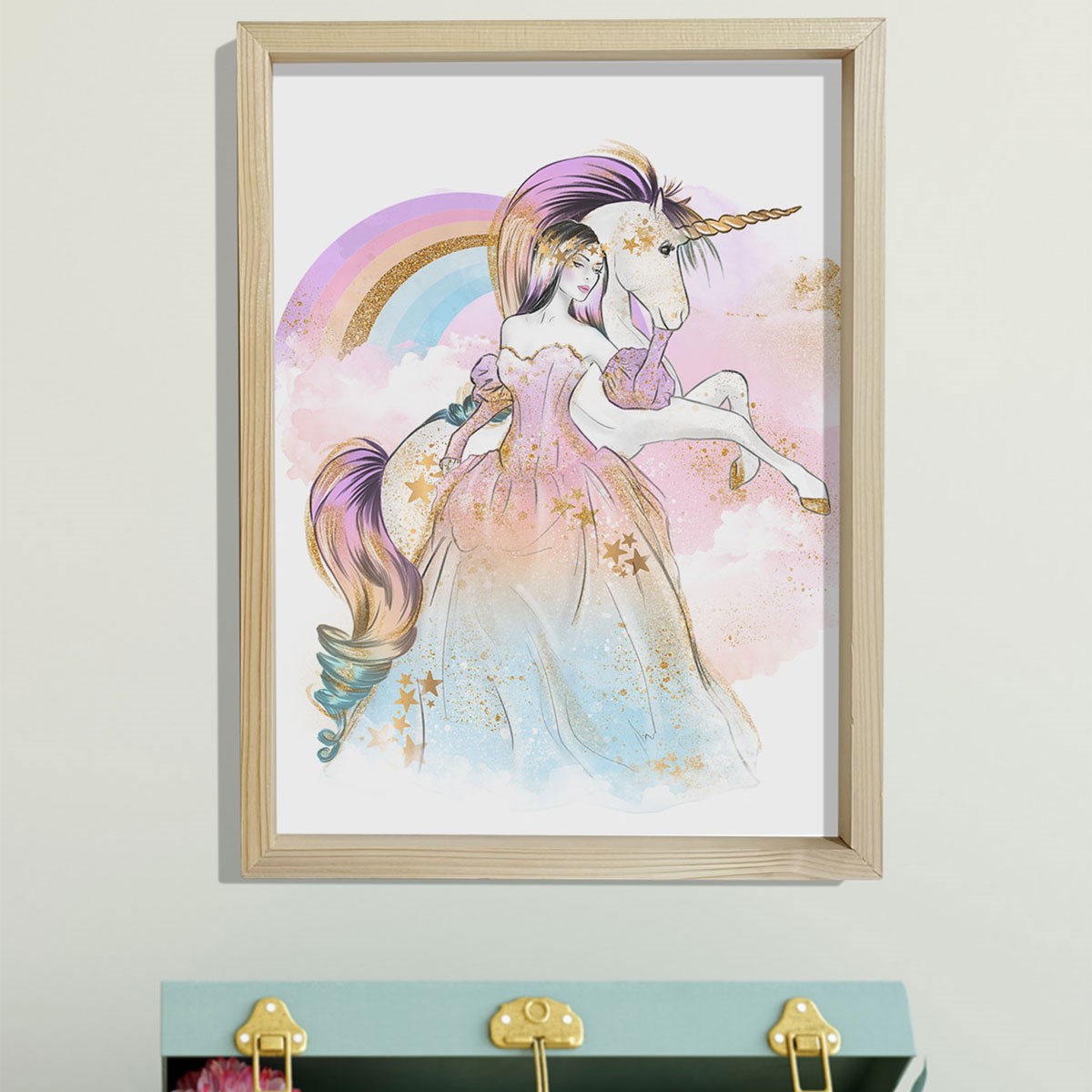 Doğal Çam Çerçeveli Bebek ve Çocuk Odası Duvar Tablosu Kreliçe ve Unicorn