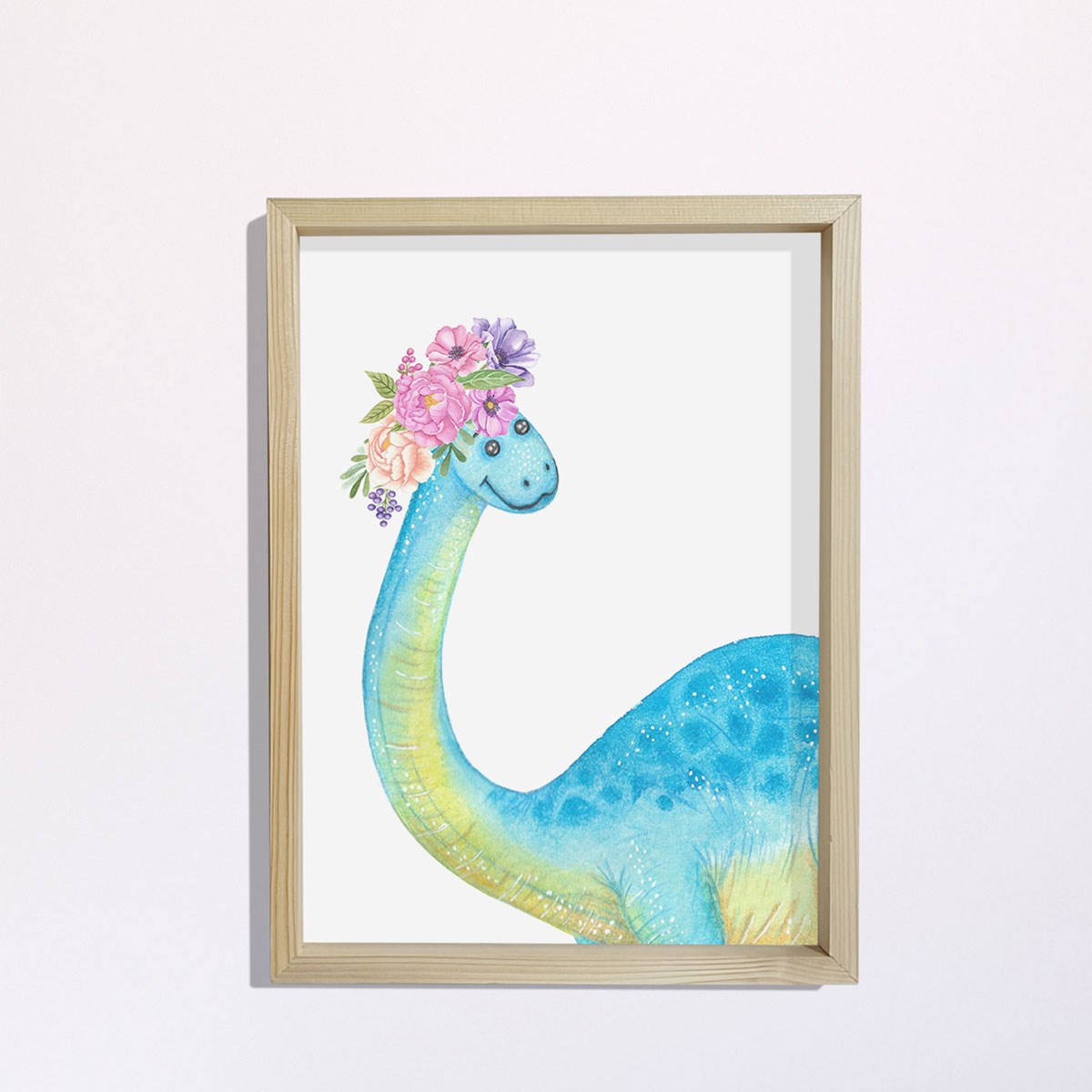 Doğal Çam Çerçeveli Bebek ve Çocuk Odası Duvar Tablosu Çiçekli Şirin Dinazor