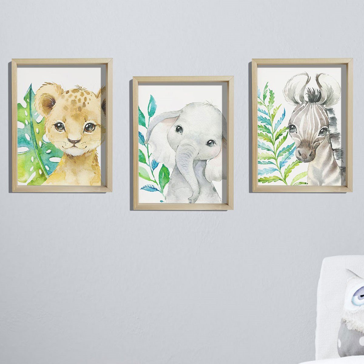 Doğal Çam Çerçeveli Bebek ve Çocuk Odası Duvar Tablosu Sevimli Hayvanlar