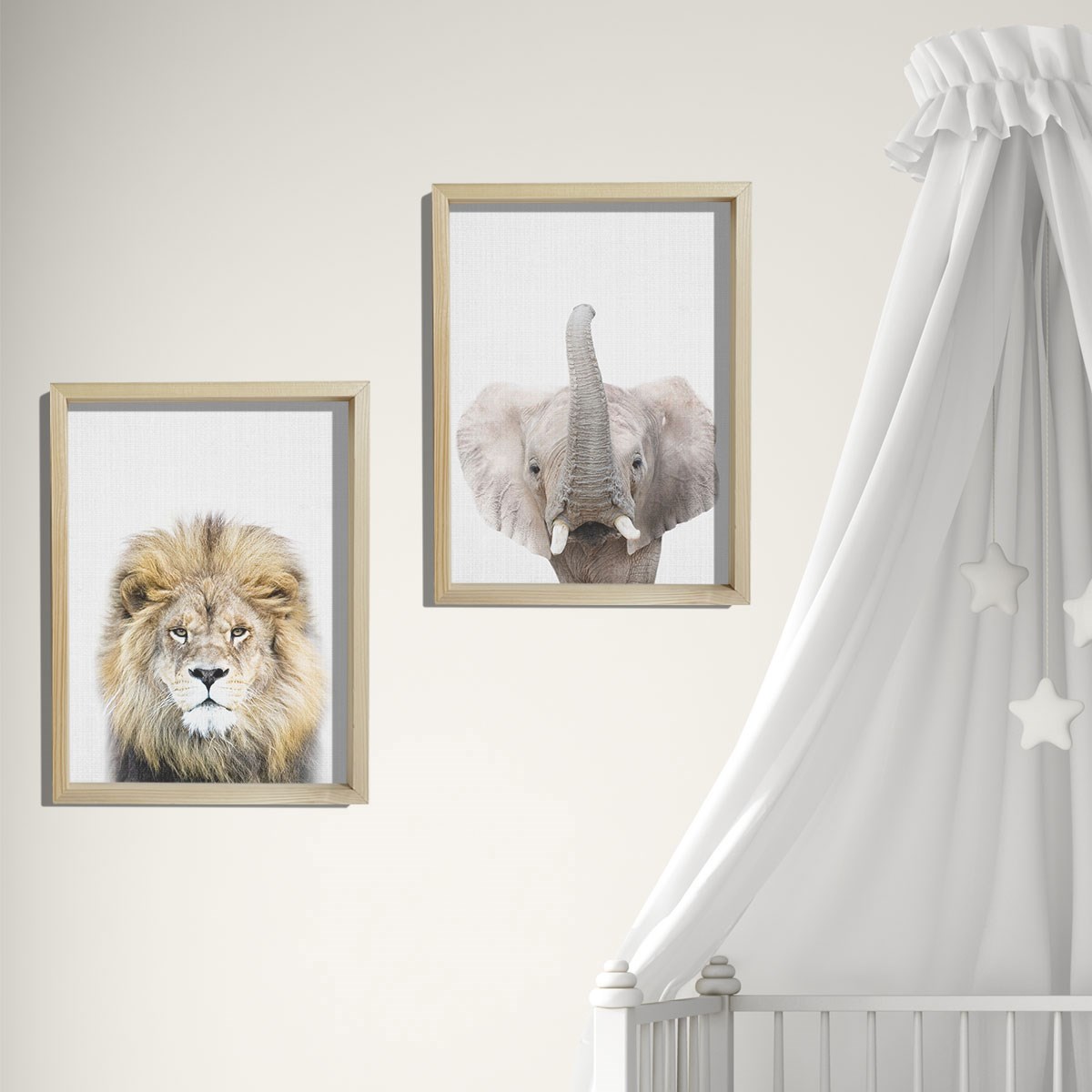 Doğal Çam Çerçeveli Bebek ve Çocuk Odası Duvar Tablosu Aslan ve Fil