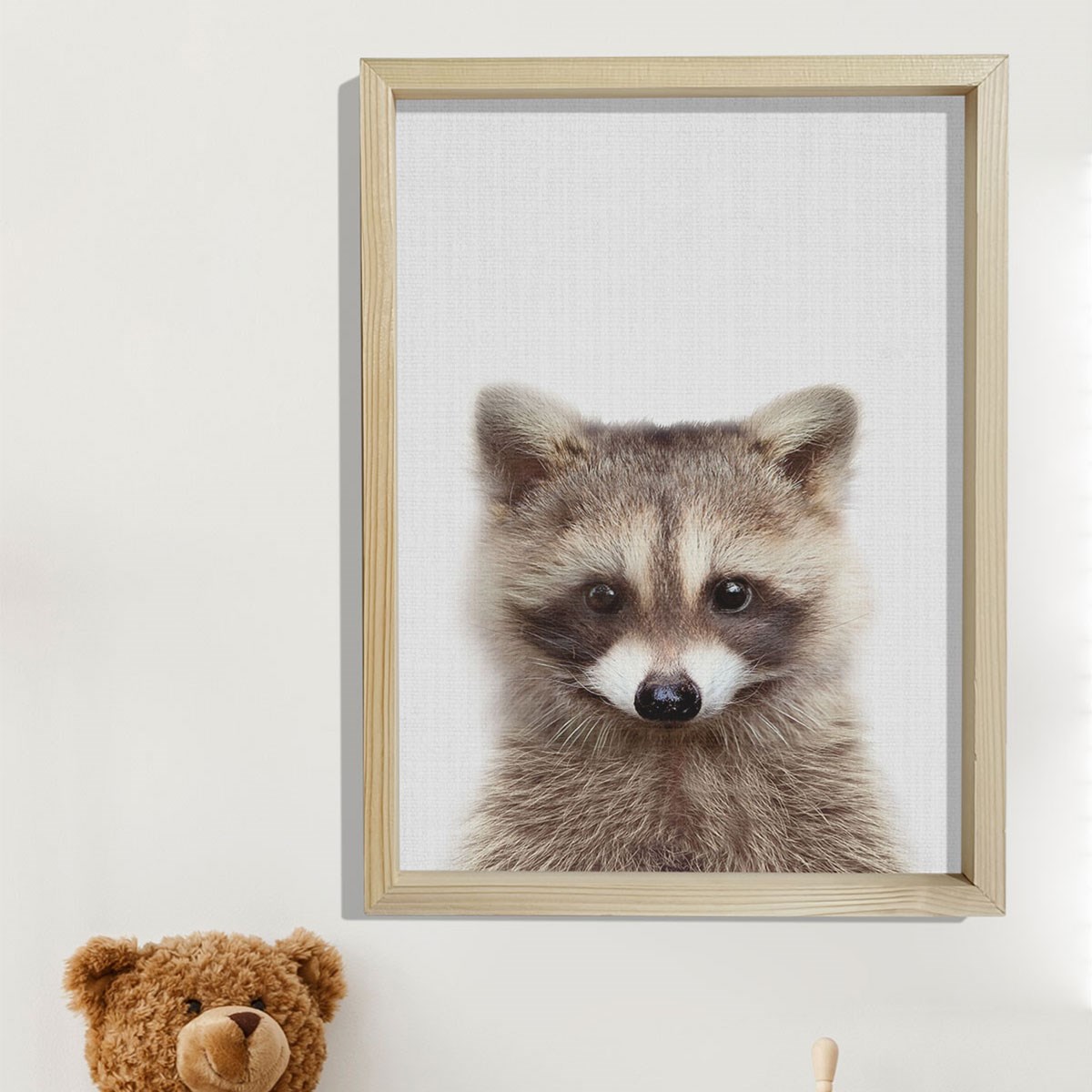 Doğal Çam Çerçeveli Bebek ve Çocuk Odası Duvar Tablosu Rakun