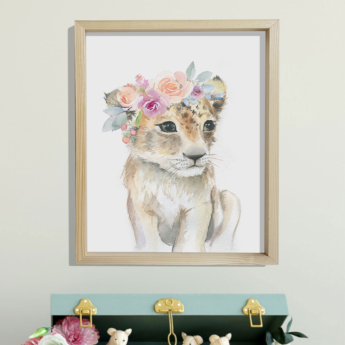Doğal Çam Çerçeveli Bebek ve Çocuk Odası Duvar Tablosu Çiçekli Aslan
