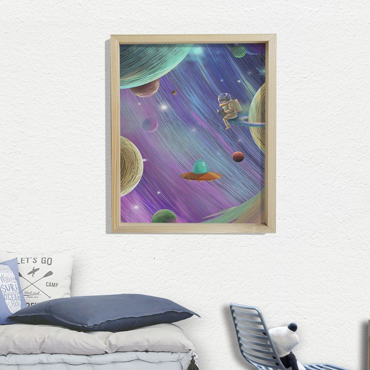 Doğal Çam Çerçeveli Bebek ve Çocuk Odası Duvar Tablosu Uzay Gezisi