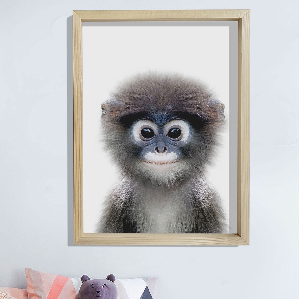 Doğal Çam Çerçeveli Bebek ve Çocuk Odası Duvar Tablosu Maymun