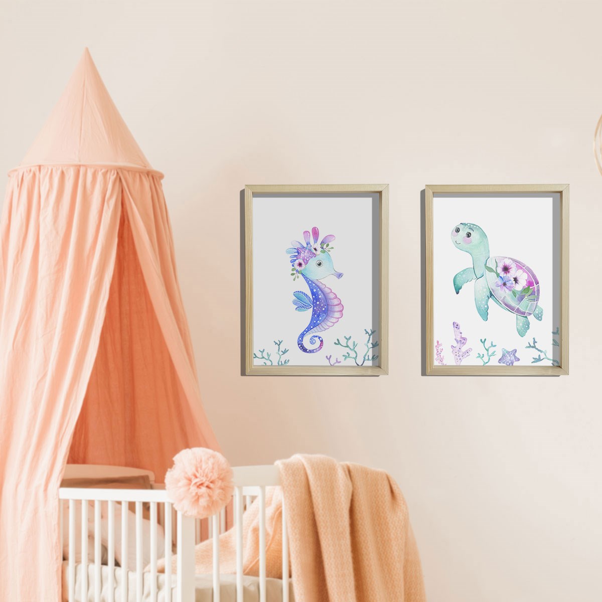 Doğal Çam Çerçeveli Bebek ve Çocuk Odası Duvar Tablosu Çiçekli Denizatı ve Deniz Kaplumbağası