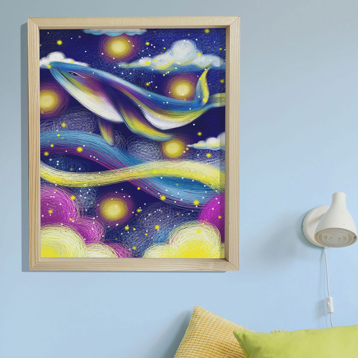 Doğal Çam Çerçeveli Bebek ve Çocuk Odası Duvar Tablosu Renkli Balina