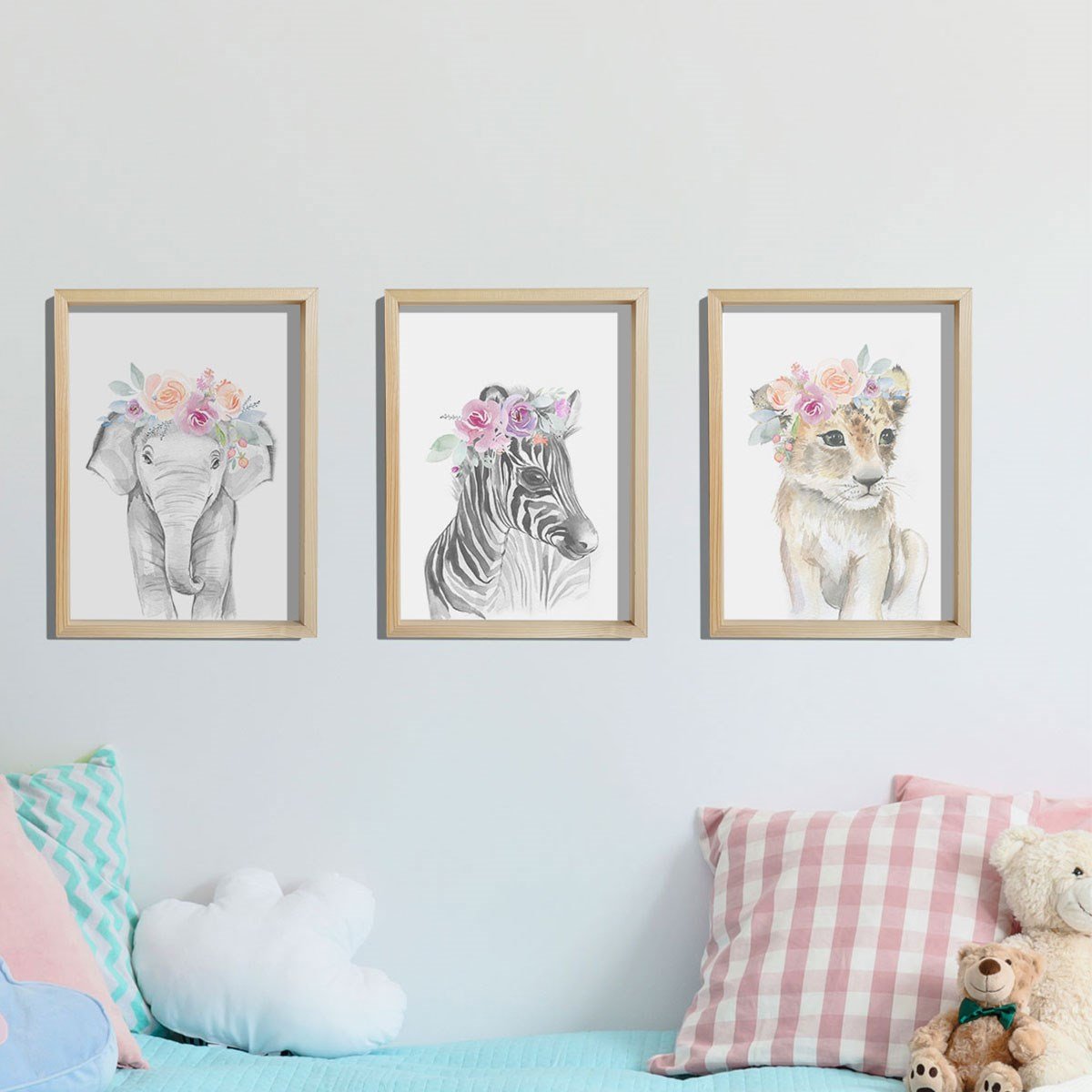 Doğal Çam Çerçeveli Bebek ve Çocuk Odası Duvar Tablosu Çiçekli Orman Hayvanları