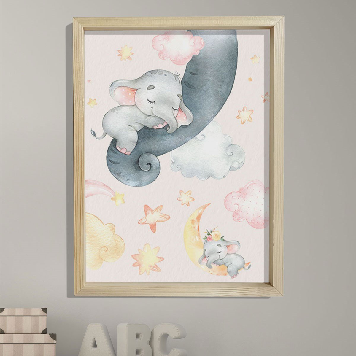 Doğal Çam Çerçeveli Bebek ve Çocuk Odası Duvar Tablosu İyi Geceler Şirin Fil