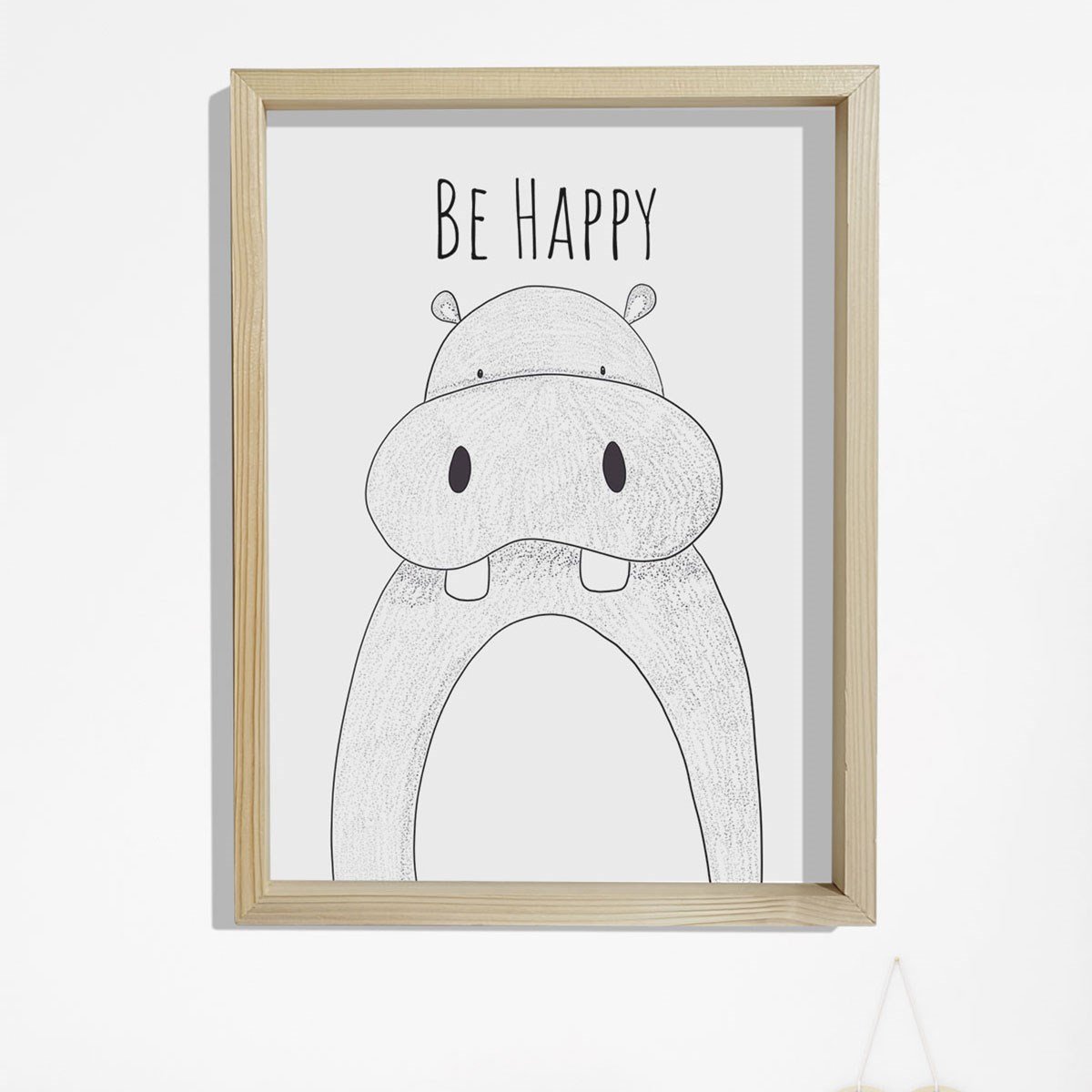 Doğal Çam Çerçeveli Bebek ve Çocuk Odası Duvar Tablosu Mutlu Ol - Hipopotam