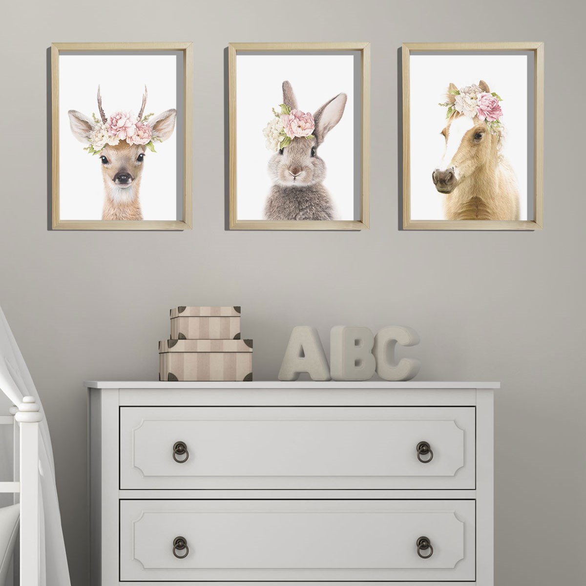 Doğal Çam Çerçeveli Bebek ve Çocuk Odası Duvar Tablosu Çiçekli Ceylan - Tavşan - At