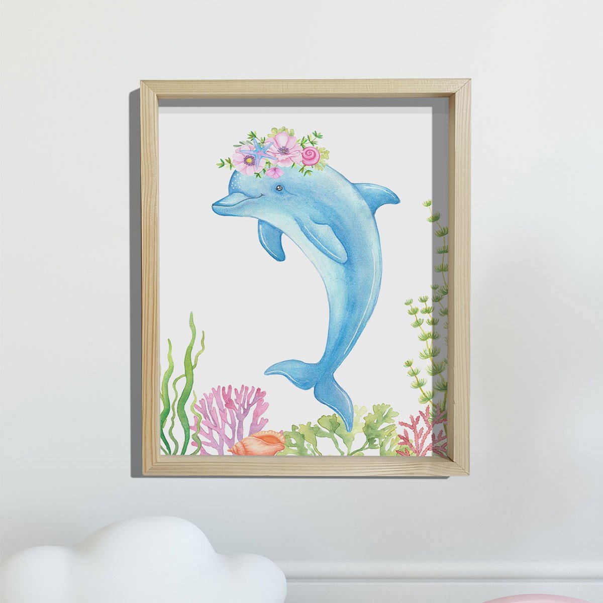 Doğal Çam Çerçeveli Bebek ve Çocuk Odası Duvar Tablosu Çiçekli Yunus Balığı