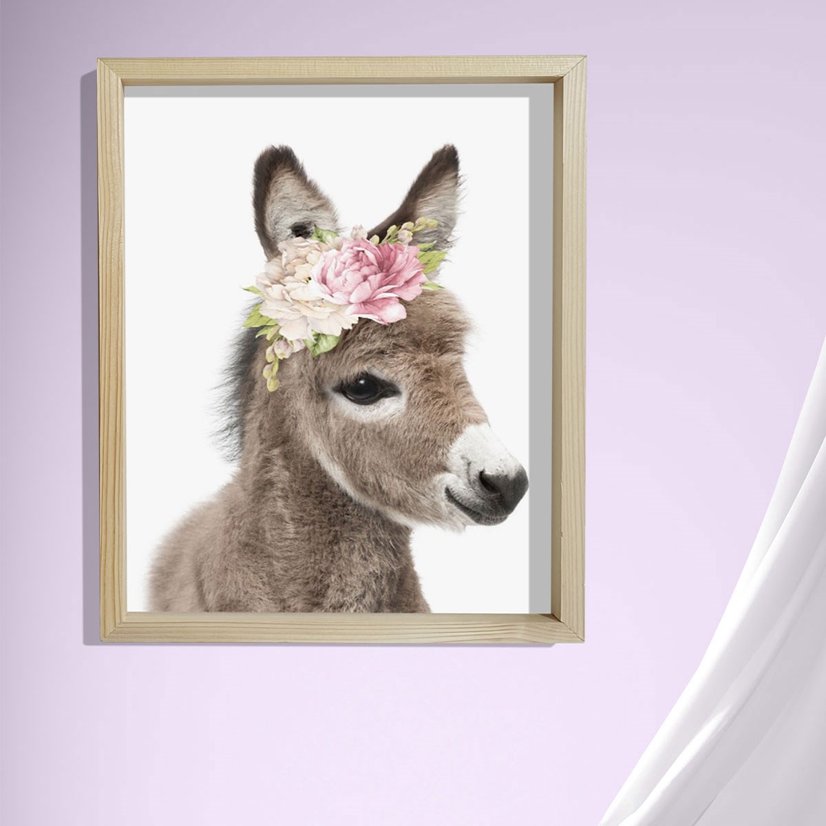 Doğal Çam Çerçeveli Bebek ve Çocuk Odası Duvar Tablosu Çiçekli Eşek