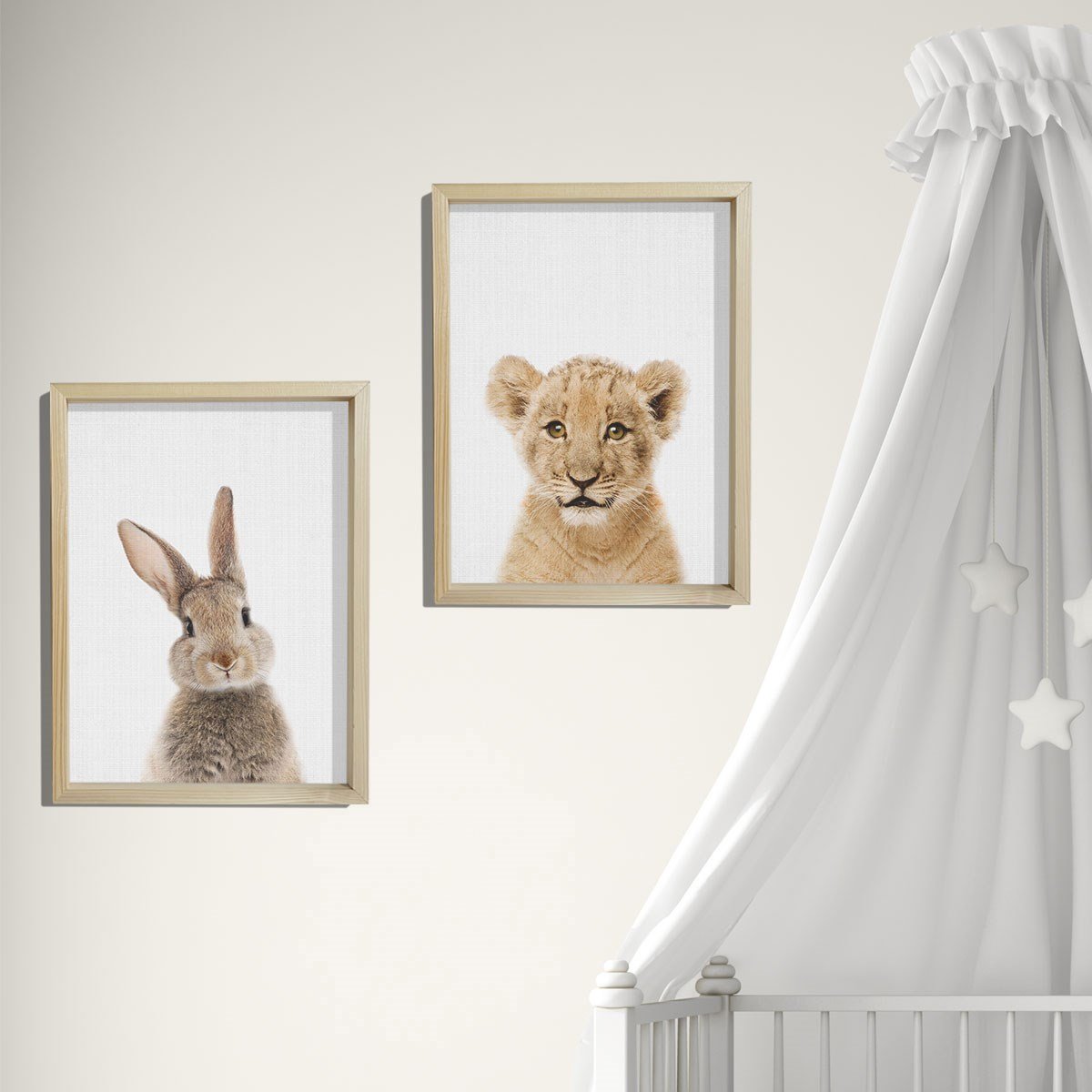 Doğal Çam Çerçeveli Bebek ve Çocuk Odası Duvar Tablosu Tavşan ve Aslan