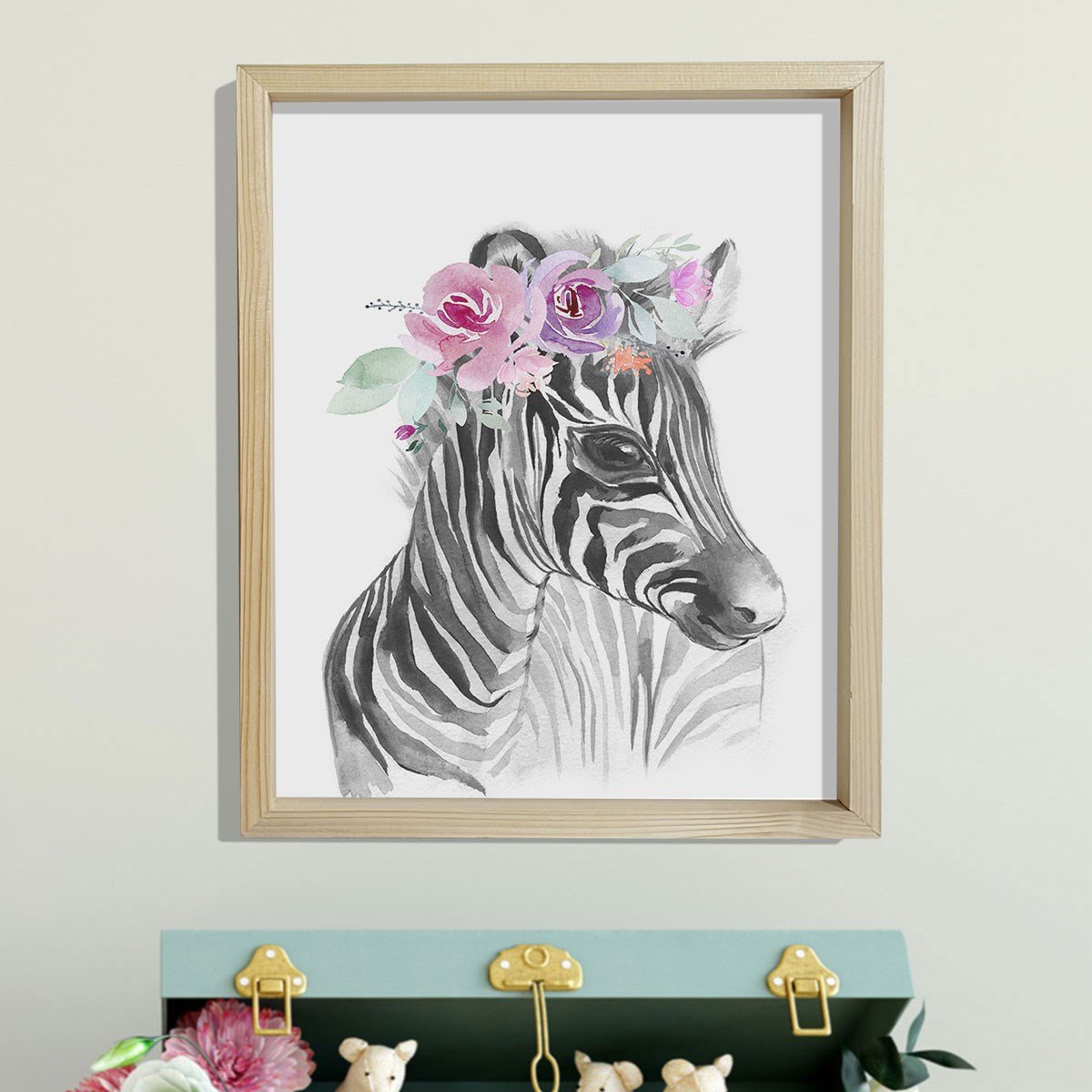 Doğal Çam Çerçeveli Bebek ve Çocuk Odası Duvar Tablosu Çiçekli Zebra