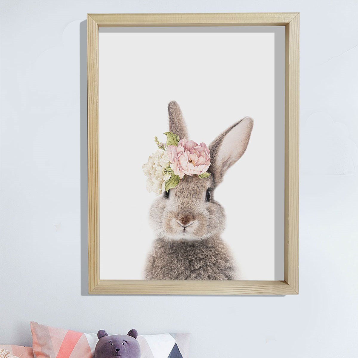Doğal Çam Çerçeveli Bebek ve Çocuk Odası Duvar Tablosu Çiçekli Tavşan