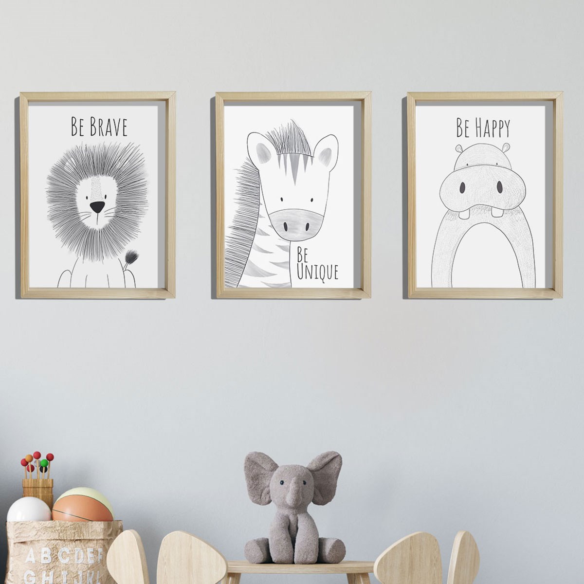 Doğal Çam Çerçeveli Bebek ve Çocuk Odası Duvar Tablosu Aslan - Zürafa - Hipopotam