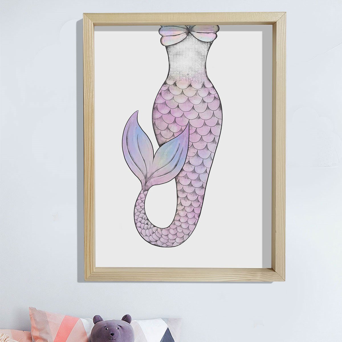 Doğal Çam Çerçeveli Bebek ve Çocuk Odası Duvar Tablosu Deniz Kızı