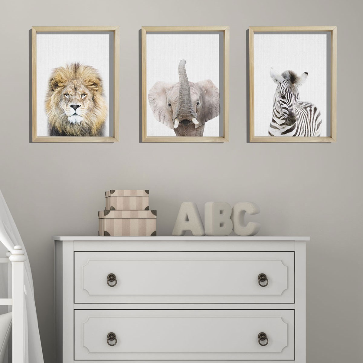 Doğal Çam Çerçeveli Bebek ve Çocuk Odası Duvar Tablosu Aslan - Fil - Zebra