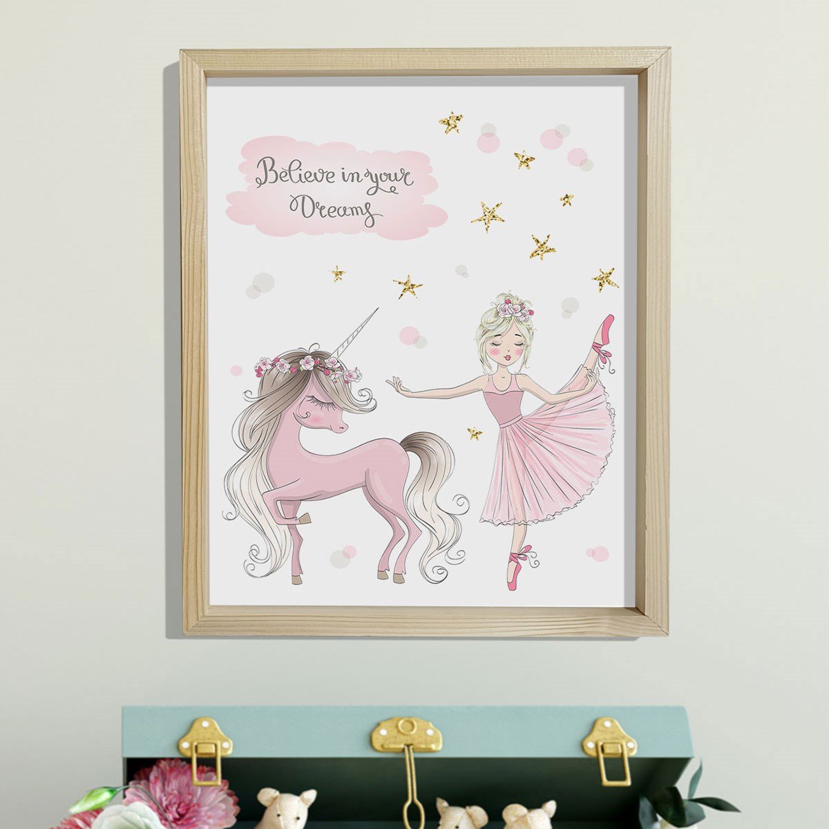 Doğal Çam Çerçeveli Bebek ve Çocuk Odası Duvar Tablosu Balerin ve Unicorn