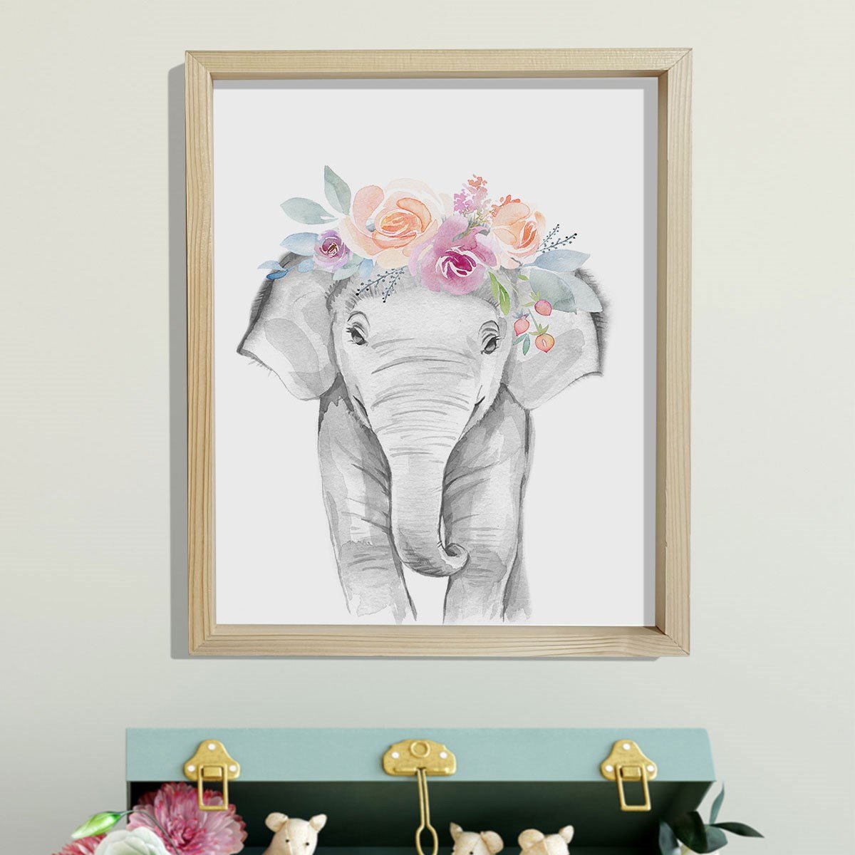Doğal Çam Çerçeveli Bebek ve Çocuk Odası Duvar Tablosu Çiçekli Fil