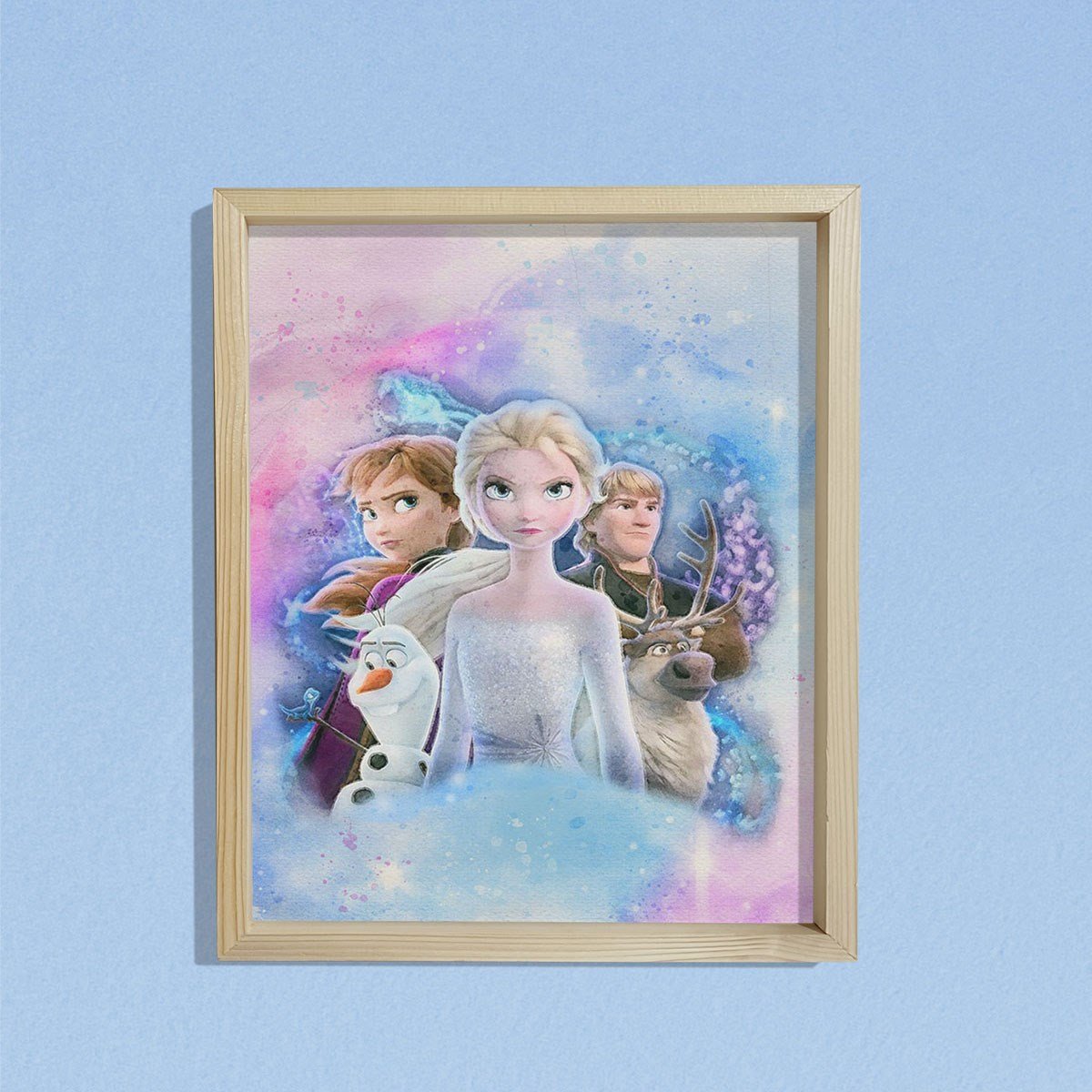 Doğal Çam Çerçeveli Bebek ve Çocuk Odası Duvar Tablosu Frozen Elsa ve Arkadaşları