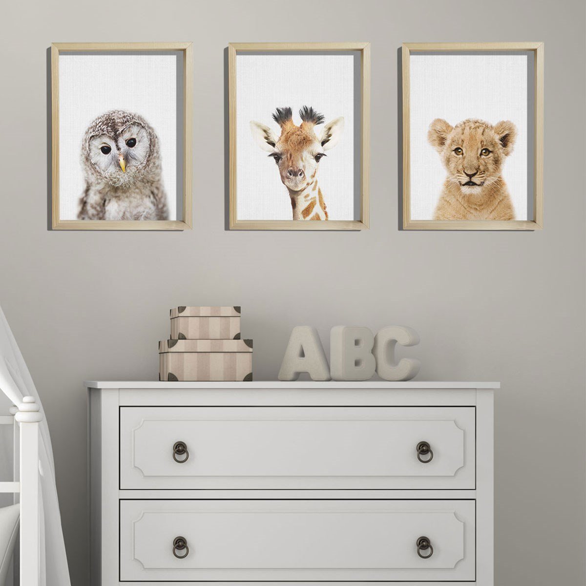 Doğal Çam Çerçeveli Bebek ve Çocuk Odası Duvar Tablosu Baykuş - Zürafa - Aslan
