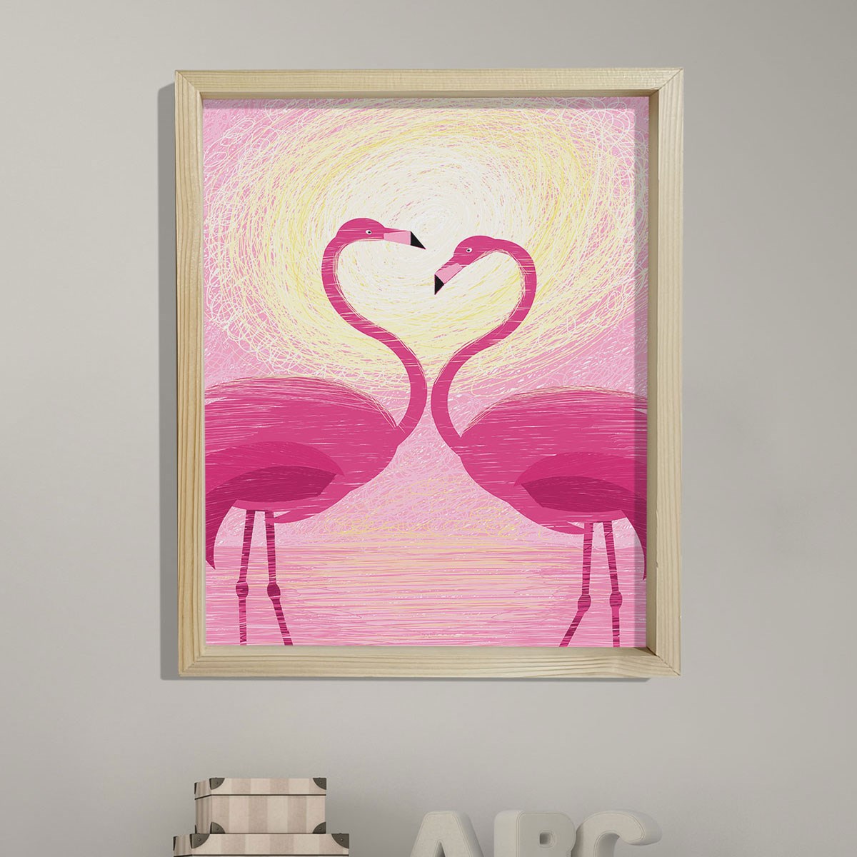 Doğal Çam Çerçeveli Bebek ve Çocuk Odası Duvar Tablosu Filamingo Aşkı