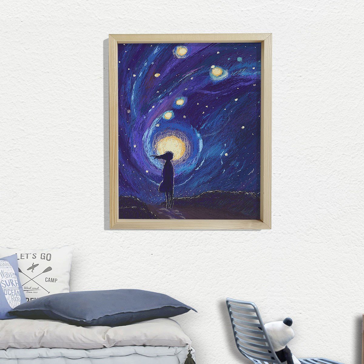 Doğal Çam Çerçeveli Bebek ve Çocuk Odası Duvar Tablosu Gece